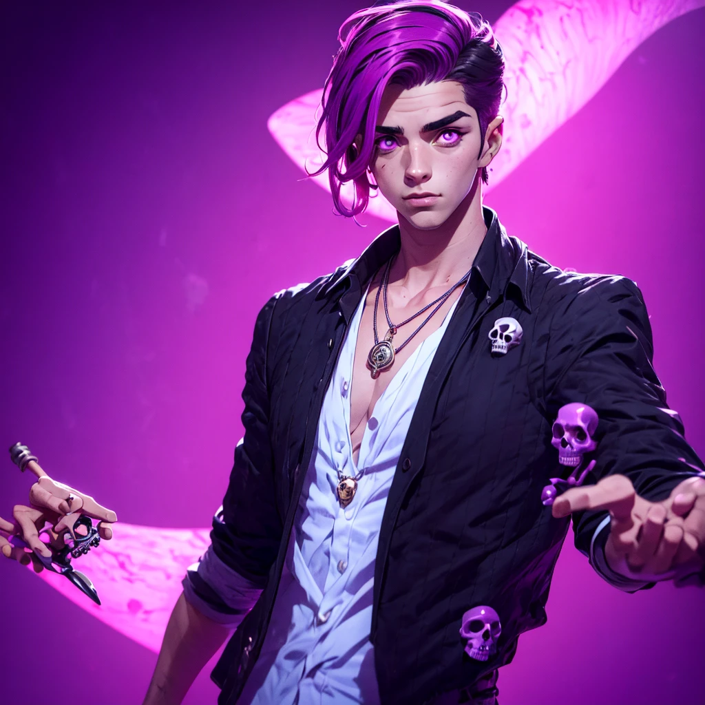 A young man with pink and purple eyes, short wavy black hair with pink and purple tips, wears a normal blouse and has a necklace with a skull pendant. 