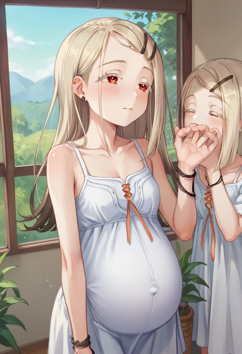 Hiro Default,shinosawa hiro,thin,Orange eyes,White eyelashes,Blonde,Long Hair,Hair Clip、blush、The whole body is visible、pregnancy、Pregnant women:1.5、Slim:1.5、White camisole dress、Half-closed eyes、Are standing