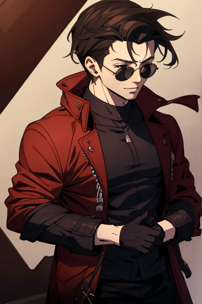 ((illustration)), (best quality)), ((masterpiece)), (detailed), ((front view)) anime, adult, male, dark hair, albertwesker, jacket, black gloves, coat, sunglasses, leather, upper body, shadowarmy