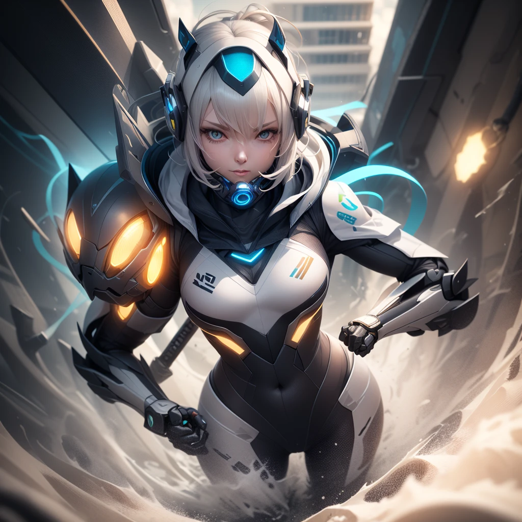 A woman in a futuristic suit holds a sword in front of the city, best anime 4k konachan wallpapers, beautiful clear face(Rain waves_haneame:1.5),Cyberpunk anime girl mecha, Mecha cyber armor girl, 動漫Mecha aesthetics, Mecha aesthetics, Modern mecha anime, anime wallpaper 4k, anime wallpaper 4k, Female mecha, from Arknights, Badass Anime 8K