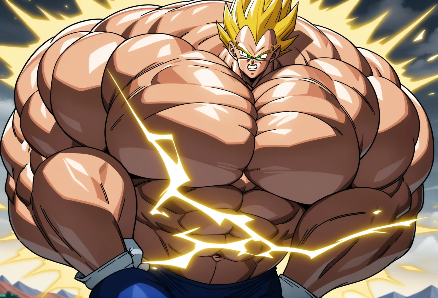 1boy, Vegeta, from Dragon Ball Z, masterpiece, best quality, very aesthetic, absurdres, saiyan, green eyes, spiked hair, (yellow hair:1.5), shirtless, blue skintight pants, white gloves, (huge muscles:2.5), dragonballartstyle, in the style of Akira Toriyama, white tiled floor, outdoors, flat-top mountains, yellow aura, electricity, nipples