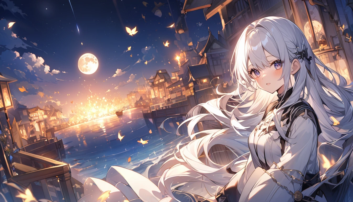 mysterious。White Hair Girl。Detailed Background。White Hair Girlが弓を引き、The moment the arrow of light is fired。The night sky and moon shine in the background.、Create a fantastic atmosphere。
