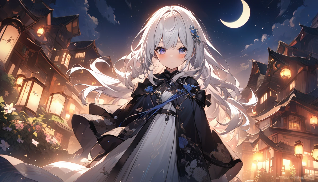mysterious。White Hair Girl。Detailed Background。White Hair Girlが弓を引き、The moment the arrow of light is fired。The night sky and moon shine in the background.、Create a fantastic atmosphere。