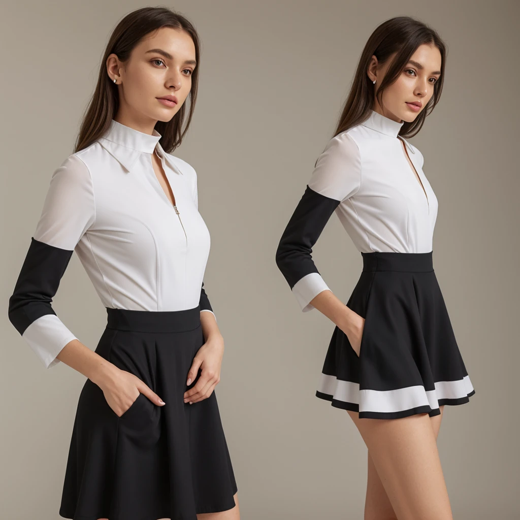 A realistic image of a loose-fitting dress without a belt in solid black color, knee-length with an A-line profile. It features a crisp pointed collar with white trim, elbow-length sleeves with a slight flare, and a gently gathered skirt for a relaxed silhouette. The dress uses a smooth, lightweight fabric with a discreet back zipper closure, maintaining a neat, unembellished look. The collar and sleeve hems are adorned with white piping to accentuate the design. --no woman, man, head, hand --chaos 40 --style raw --stylize 0