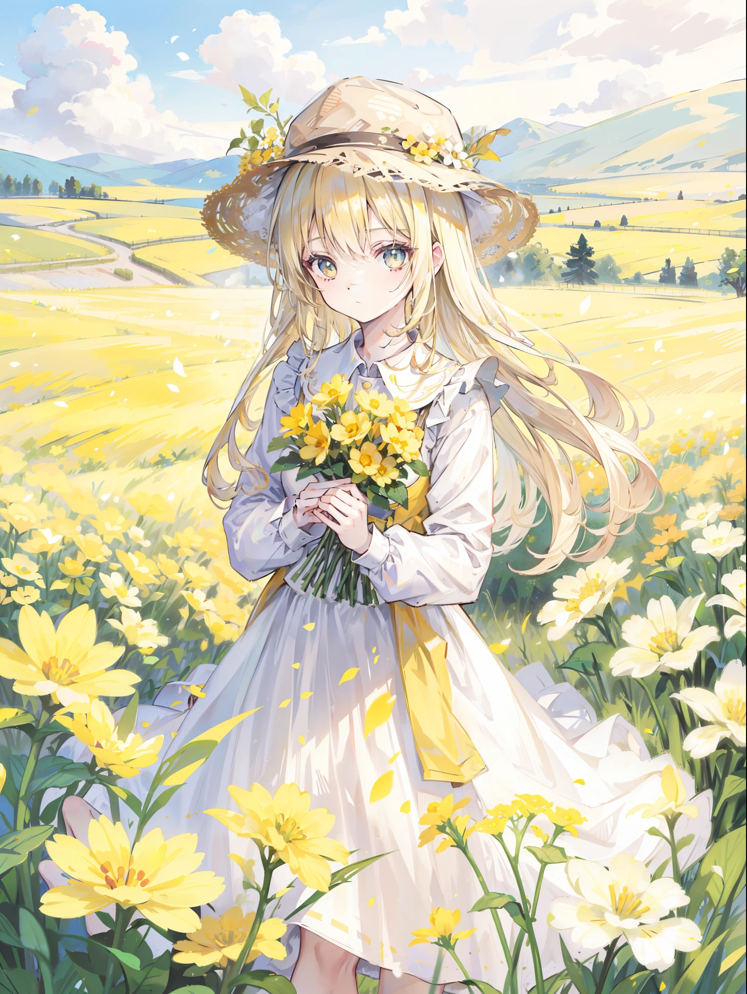 Young woman, blonde, hat, White dress, yellow flowers background, field of yellow flowers.
