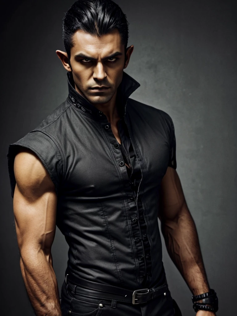 (best quality), 1boy, Male, dark grey skin, muscular, broad, dark grey hair, hair pulled back, medium hair, yellow eyes, perfect eyes, stubble, pointy ears, gothic clothes, serious, stoic, vampire, masterpiece, anatomically correct, highres
