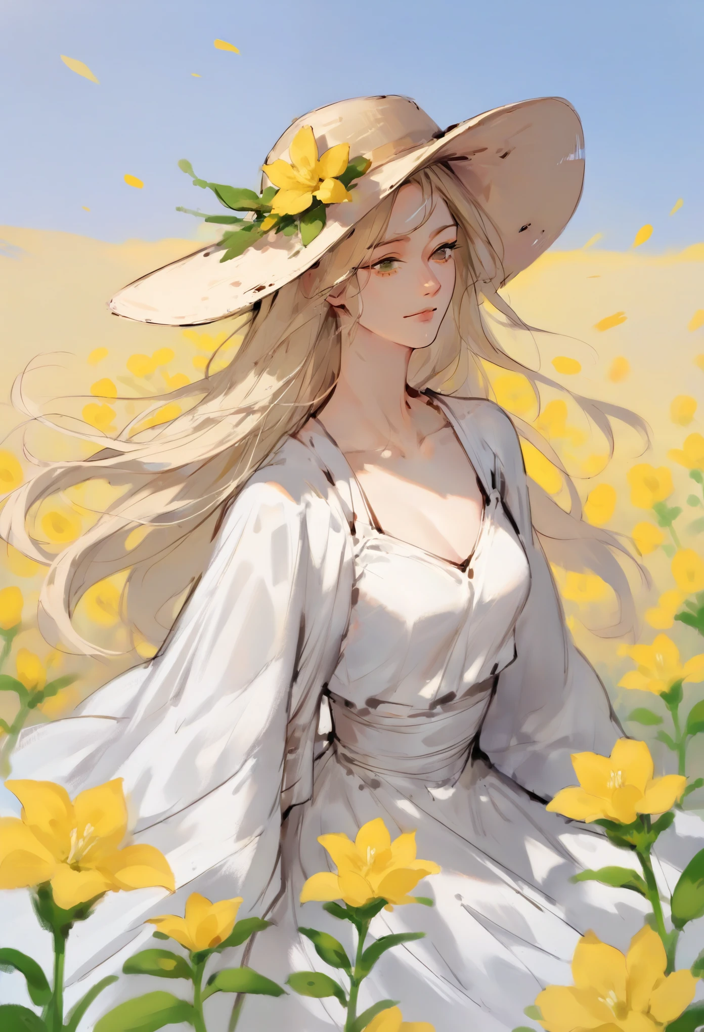 Young woman, blonde, hat, White dress, yellow flowers background, field of yellow flowers.
