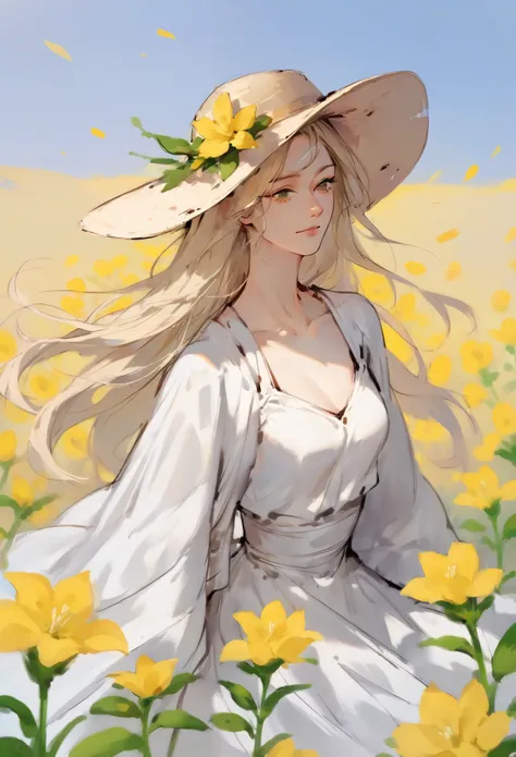 young woman, blonde, hat, white dress, yellow flowers background, field of yellow flowers.