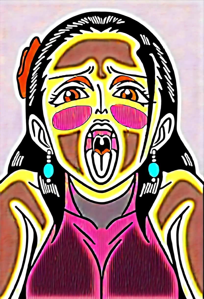 cute, close up, blush, open mouth, big mouth, tongue, tongue out, close up, saliva, uvula, uvula, room, mouth focus, excessive saliva, shy, score_9, score_8_up, source_anime BREAK solo, looking at viewer,, violaop, brown eyes, black hair, long hair, hair slicked back, earrings, hair flower, polka dot dress, sleeveless dress, frilled dress, jewelry, large breasts,room, crazy smile, huge mouth