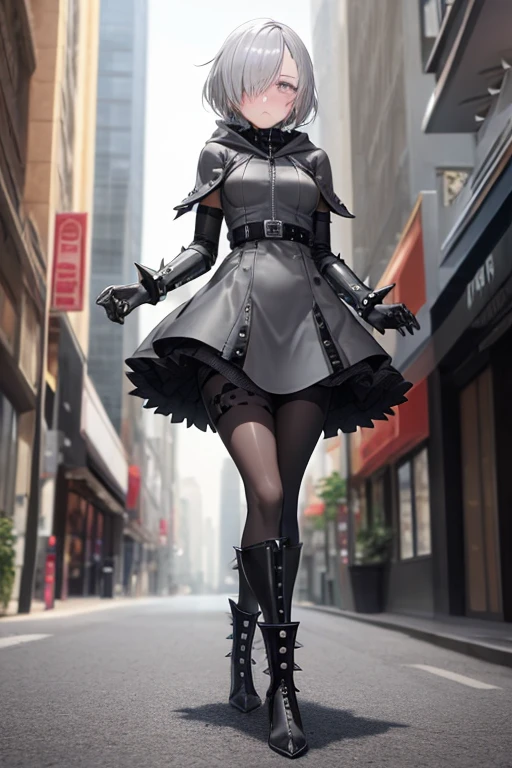 ((best quality)), ((masterpiece)), (detailed), 1 girl, Full body, 18 years old, Depressed face, Silver eyes, Gray zippered hood, Blushing, Silver hair, Straight hair, Bangs, Lock of hair covering her eye, Full body, Medium breasts, Slim body, Metal spikes, Grey wristbands, Long black gloves with spikes, Grey Gothic lolita dress, Grey dress with metal spikes, Metal emblem, Somewhat tight, Black belt, Metal legs, Black pantyhose, Black boots, Walking through the city, Metal coming out of the road, City background, Anime