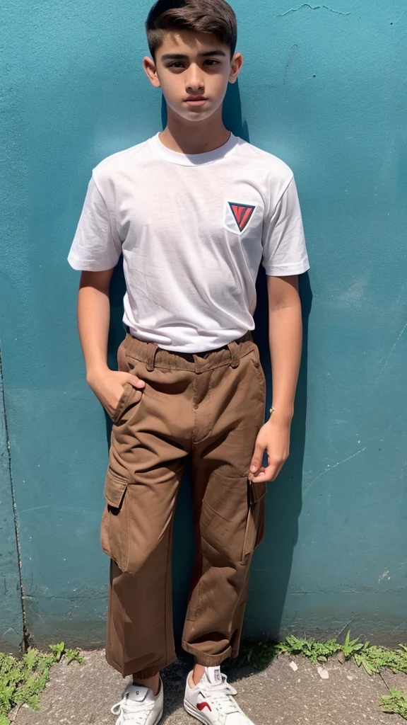 A 16 year old ager with chocolate brown hair, and dark, perky-shaped eyes, encistado no muro da school all pissed off, He is wearing a white t-shirt and light denim cargo pants, he has a good body care, with a triangular shaped face, He doesn't have a beard, but he has a little mustache, he has a beautiful smile, and a neutral white skin, he is already a teen and he is tall, with the center part mullet haircut