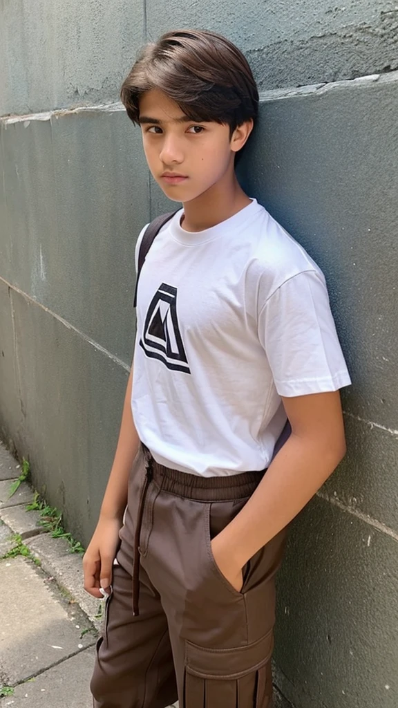 A old teenager with chocolate brown hair, and dark, perky-shaped eyes, encistado no muro da school all pissed off, He is wearing a white t-shirt and light denim cargo pants, he has a good body care, with a triangular shaped face, He doesn't have a beard, but he has a little mustache, he has a beautiful smile, and a neutral white skin, he is already a teenager and he is tall, with the center part mullet haircut