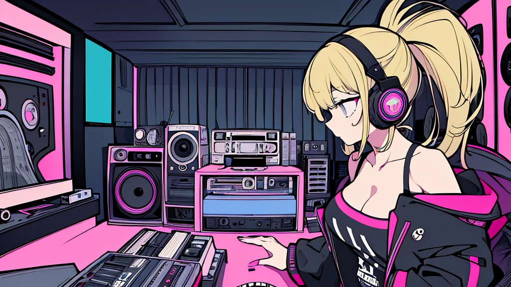 Best quality, (masterpiece), best detail face,1 girl, natural breasts, 18 yo, 8k,absurdres,unity 8k wall paper,(extremely detailed:1.3), highest realistic, (retro headphones:), (soft neon light:), (psychedelic), Her room full of music equipment and records, sports wear , See the whole room , dark grey color pallet, blonde hair