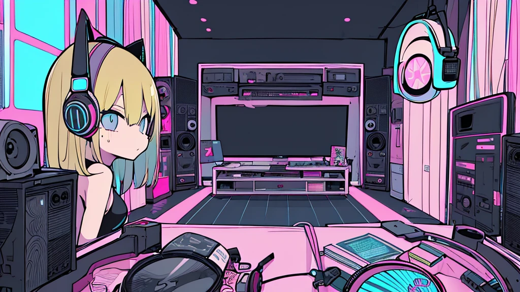 Best quality, (masterpiece), best detail face,1 girl, natural breasts, 18 yo, 8k,absurdres,unity 8k wall paper,(extremely detailed:1.3), highest realistic, (retro headphones:), (soft neon light:), (psychedelic), Her room full of music equipment and records, sports wear , See the whole room , dark grey color pallet, blonde hair