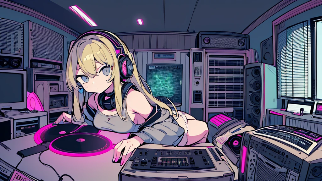 Best quality, (masterpiece), best detail face,1 girl, natural breasts, 18 yo, 8k,absurdres,unity 8k wall paper,(extremely detailed:1.3), highest realistic, (retro headphones:), (soft neon light:), (psychedelic), Her room full of music equipment and records, sports wear , See the whole room , dark grey color pallet, blonde hair