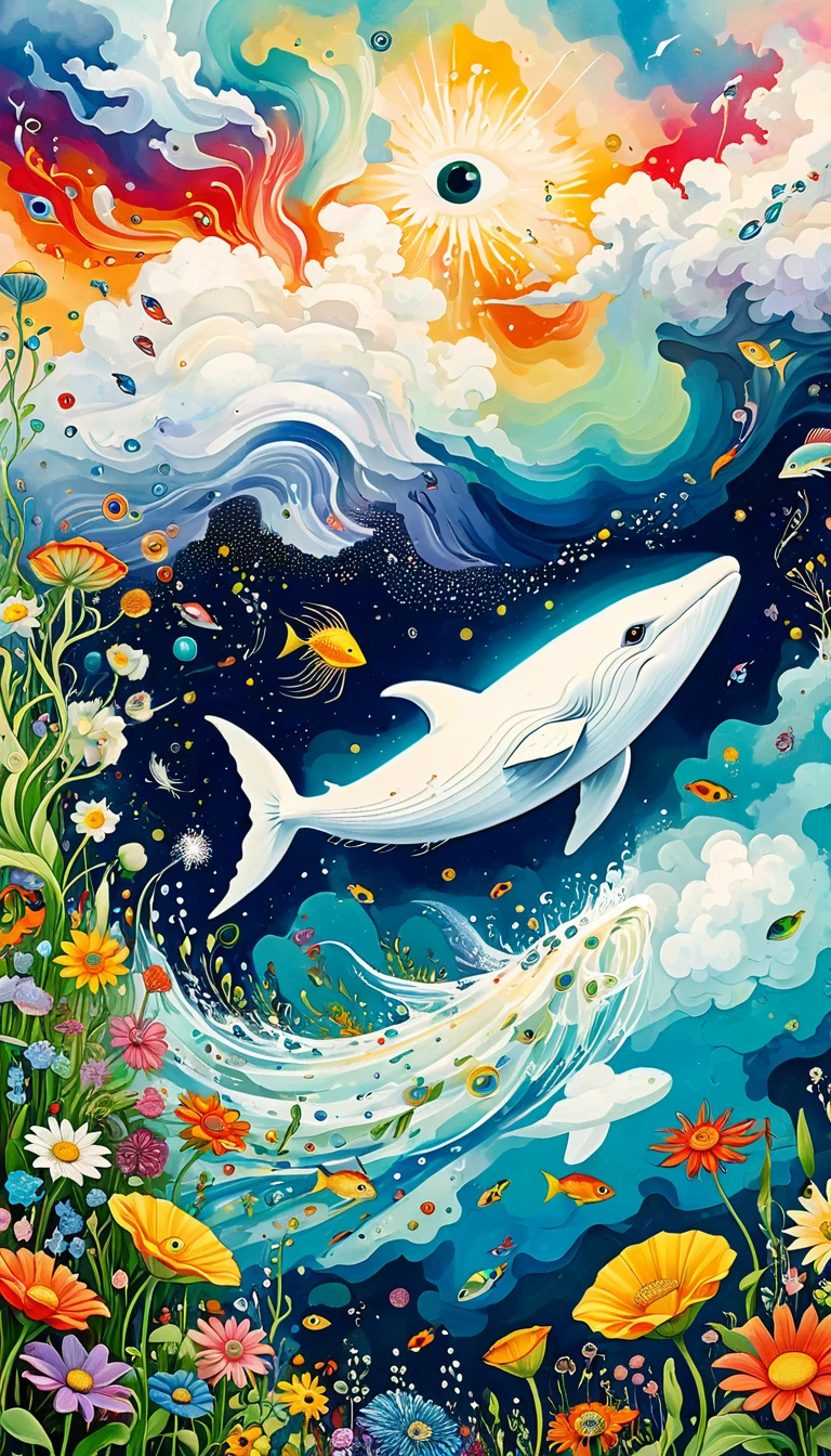 Children's graffiti,Thick coating，Concave and convex texture，Oil pastel strokes：Artists from the stars，Child，Flying Whale:1.37、Eruption Cloud、flowesh、章fish触手瀑布。、bird、(((Eye)))、diatom，Abstract mosaic painting，Describing the inner world of autistic people，Large area of white，interesting，Innocence，Vision，Psychedelic Art，
