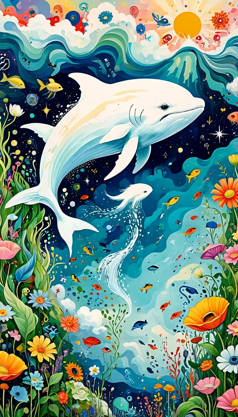 Children's graffiti,Artists from the stars，Child，joy， Flying white Whale:1.37、Eruption Cloud、flowesh、章fish触手瀑布。、bird、Eye、diatom，Abstract mosaic painting，Describing the inner world of autistic people，Large area of white，interesting，Innocence，Vision，Psychedelic Art，
