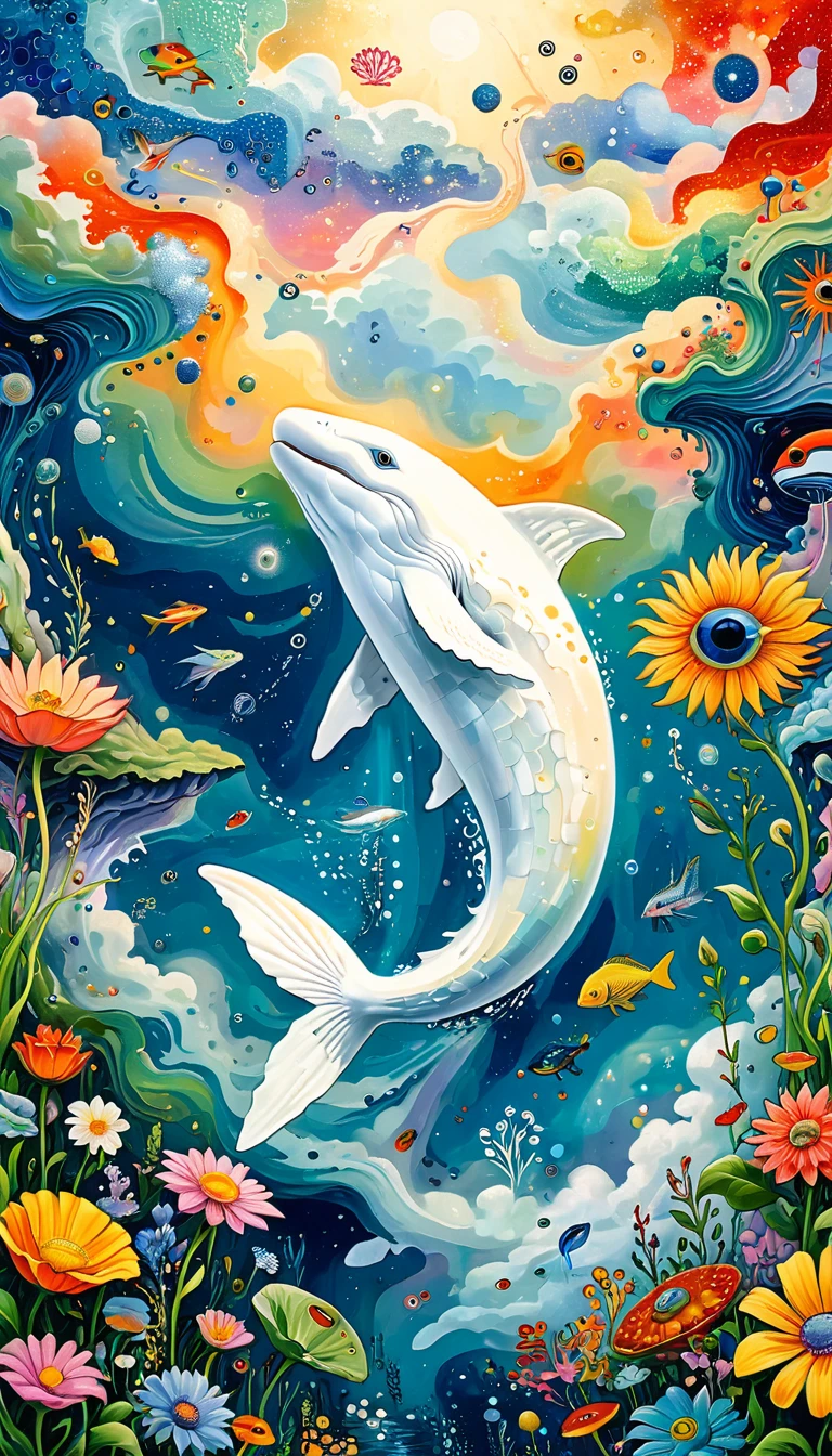 Children's graffiti,Artists from the stars,Child,joy, Flying white Whale:1.37、Eruption Cloud、flowesh、章fish触手瀑布。、bird、Eye、diatom,Abstract mosaic painting,Describing the inner world of autistic people,Large area of white,interesting,Innocence,Vision,Psychedelic Art,