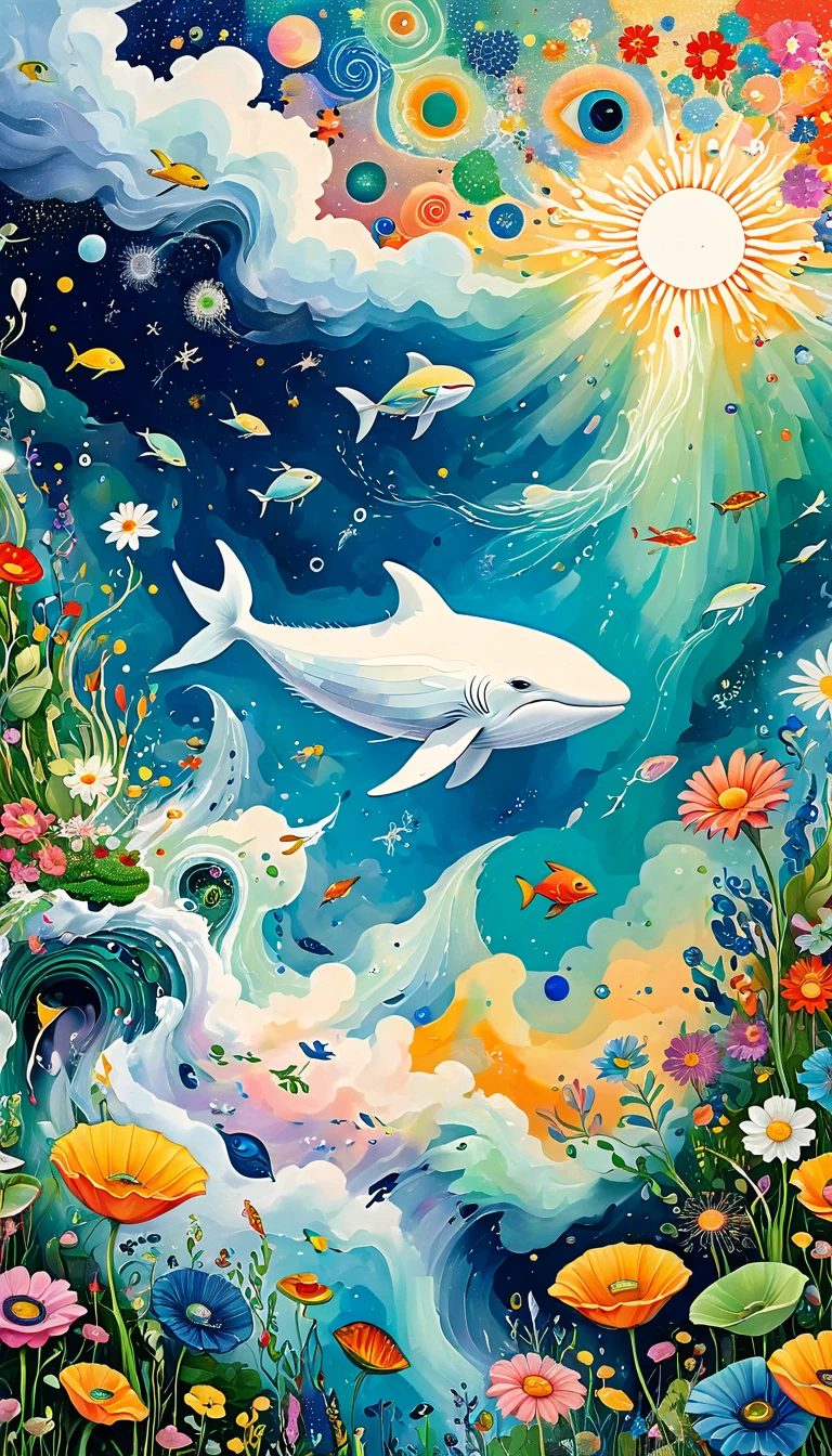 Children's graffiti,Artists from the stars，Child，joy， Flying white Whale:1.37、Eruption Cloud、flowesh、章fish触手瀑布。、bird、Eye、diatom，Abstract mosaic painting，Describing the inner world of autistic people，Large area of white，interesting，Innocence，Vision，Psychedelic Art，

