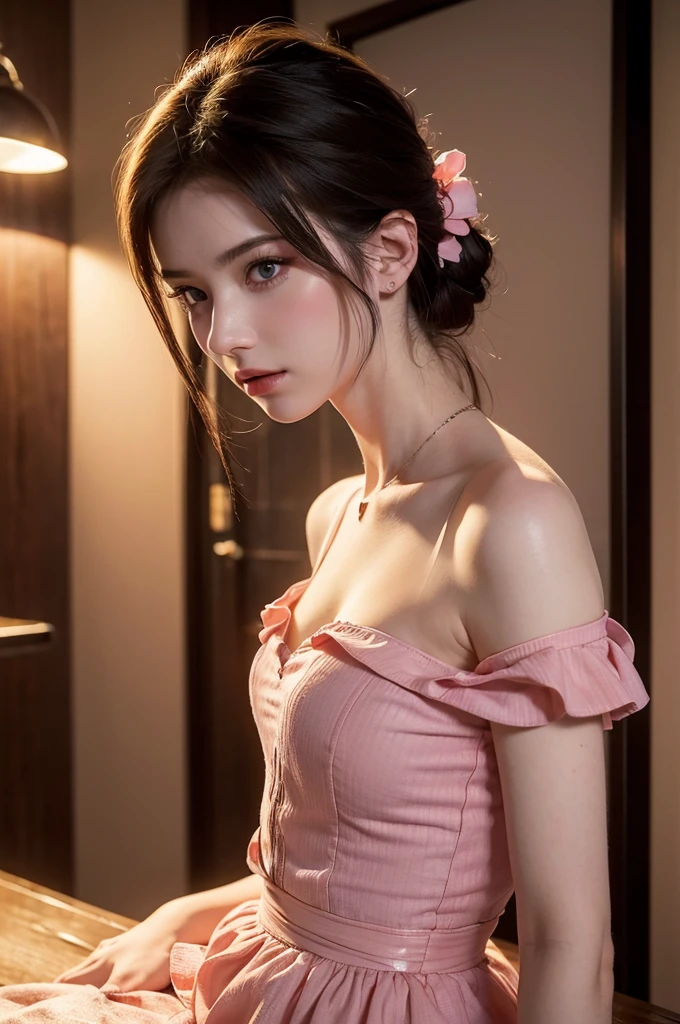 Best Quality, Masterpiece, Ultra High Resolution, (Realisticity: 1.4), Original Photo, 1girl, Pink Off-the-Shoulder, Cinematic Lighting