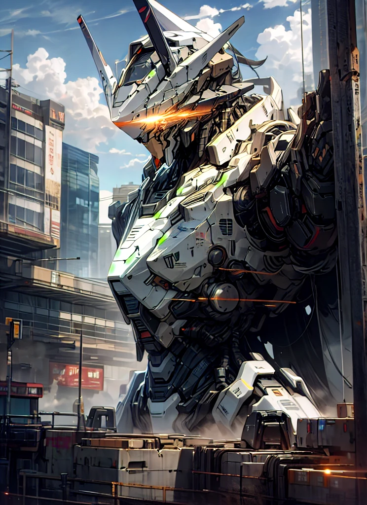 sky, cloud, holding_weapon, no_humans, glowing, , robot, building, glowing_eyes, mecha, science_fiction, city, realistic,mecha