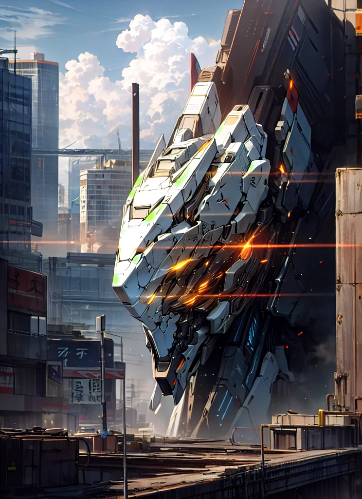 sky, cloud, holding_weapon, no_humans, glowing, , robot, building, glowing_eyes, mecha, science_fiction, city, realistic,mecha