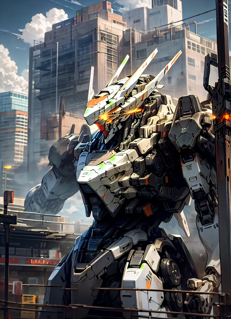 sky, cloud, holding_weapon, no_humans, glowing, , robot, building, glowing_eyes, mecha, science_fiction, city, realistic,mecha