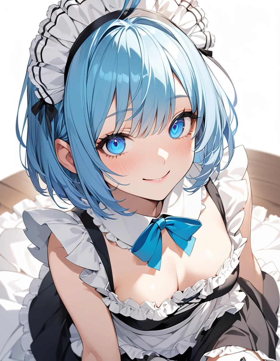 Beautiful girl in maid、(Top quality illustrations:1.2), (pretty girl:1.1), (1 girl、、Top quality illustrations:1.2), (1 girl、smile、Medium chest、Highly detailed eyes:1.2)、Bright blue hair、Short Bob Hair、(Black and white maid costume、White knee-high socks) 、White background、Simple Background
