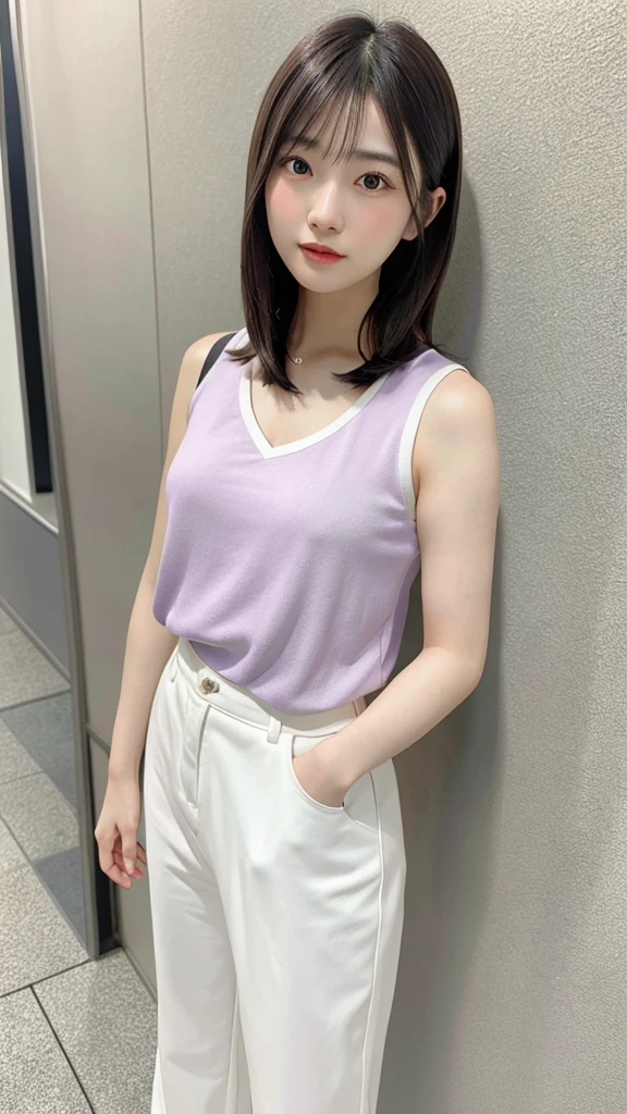 A hyper-realistic full-body image of a beautiful young Japanese woman resembling Kasumi Arimura, standing against a gray background. She has long, straight dark hair and is wearing a sleeveless purple top and white pants. She is standing with her arms at her sides and looking directly at the camera with a calm and gentle expression. She is also wearing white shoes with black accents. The style is photorealistic, with extremely high resolution and realistic details, making her appear very lifelike.