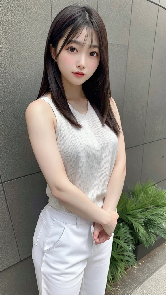 A hyper-realistic full-body image of a beautiful young Japanese woman resembling Kasumi Arimura, standing against a gray background. She has long, straight dark hair and is wearing a sleeveless purple top and white pants. She is standing with her arms at her sides and looking directly at the camera with a calm and gentle expression. She is also wearing white shoes with black accents. The style is photorealistic, with extremely high resolution and realistic details, making her appear very lifelike.