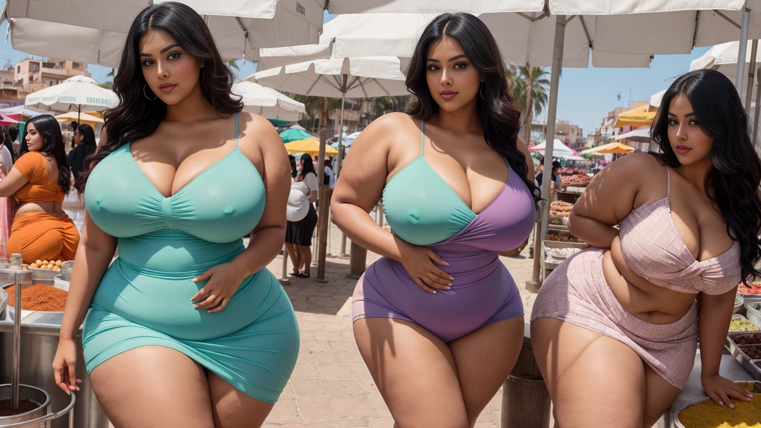 swastika mukharjee Indian beautiful woman curvy plus size hour glass bulky huge figure woman, closeup camera view, big huge m-cup breast, wearing SHEIN Girl Woven Solid Color Bubble Ruched Double Layered Hem Swing Cami Dress Color: Mint Green , covered Bust , elegant standing position, eye contact view, different style hairstyle, bright eyes, thin eyebrows, fair skin, blushing cheeks, prefect head to toe view, full body, ideal for high-fashion or editorial shoots, ultra realistic skin texture, head to toe view, full body shot, full body view, smile face, black hair, Indian face, perfect skin tone light, ultra realistic skin texture, bigger waist, busty, big hips, fleshy thighs, thick thighs, busty, full body view, Moroccan Market: Vibrant, bustling market with colorful textiles and spices.