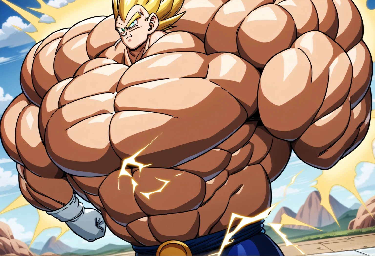 1boy, Vegeta, from Dragon Ball Z, masterpiece, best quality, very aesthetic, absurdres, saiyan, green eyes, spiked hair, (yellow hair:1.5), shirtless, blue skintight pants, white gloves, (huge muscles:2.5), dragonballartstyle, in the style of Akira Toriyama, white tiled floor, outdoors, flat-top mountains, yellow aura, electricity, (round biceps:2)