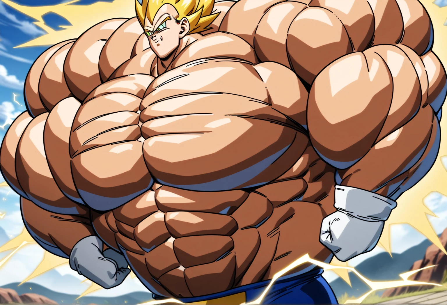 1boy, Vegeta, from Dragon Ball Z, masterpiece, best quality, very aesthetic, absurdres, saiyan, green eyes, spiked hair, (yellow hair:1.5), shirtless, blue skintight pants, white gloves, (huge muscles:2.5), dragonballartstyle, in the style of Akira Toriyama, white tiled floor, outdoors, flat-top mountains, yellow aura, electricity, (round biceps:2)