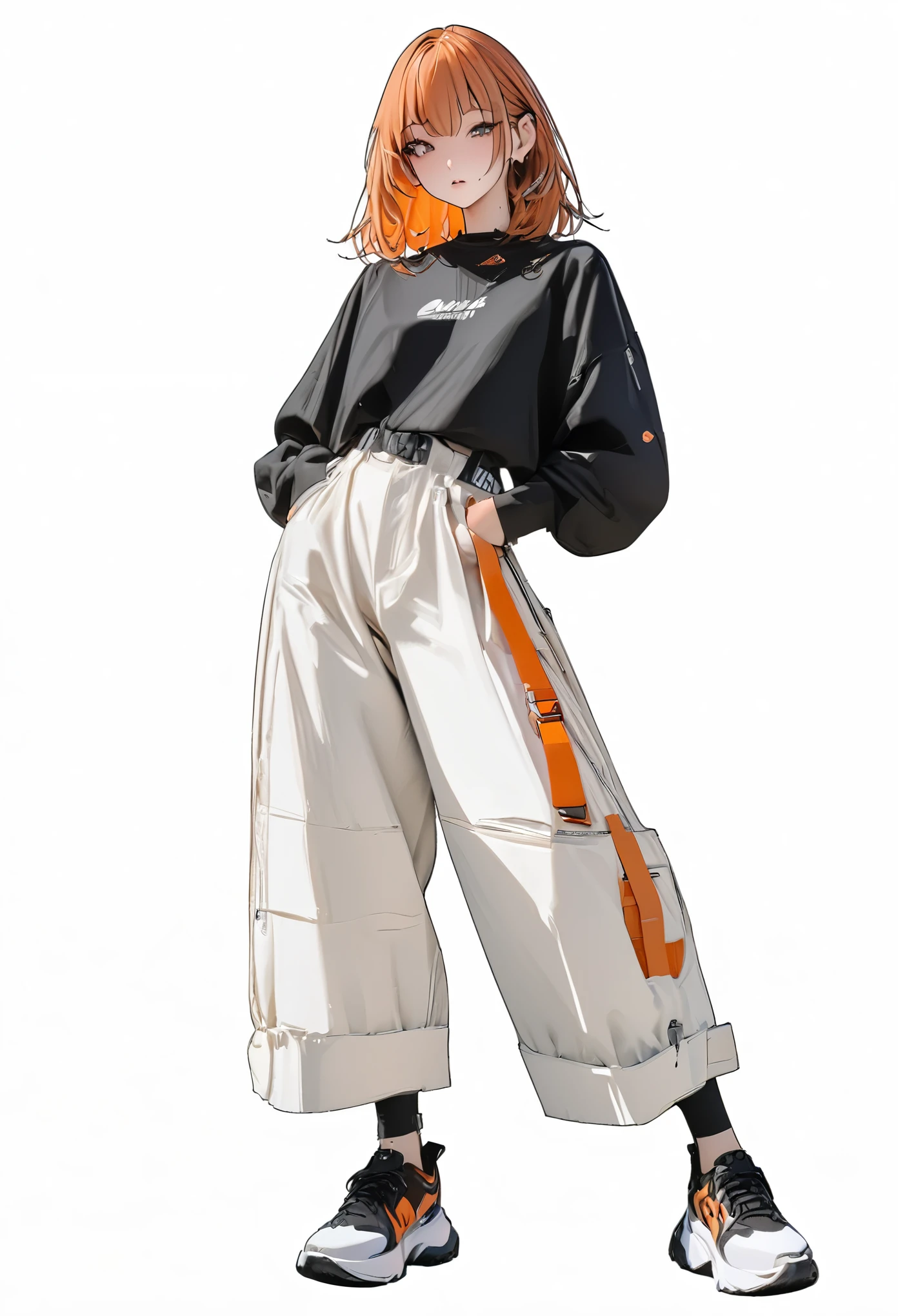 (Masterpiece, highest resolution: 1.2, 8K), center, full body, one girl, medium hair, black orange fashion, wide pants, simple sneakers, simple background, white background, eyes open,