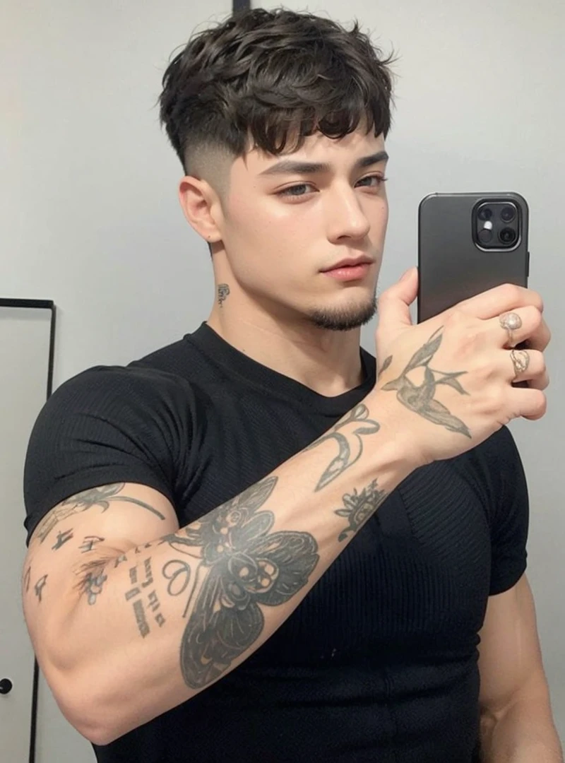 Youngh, age 25, smooth handsome goatee, muscular man photo in mirror looking at camera with straight dark hair jungkook