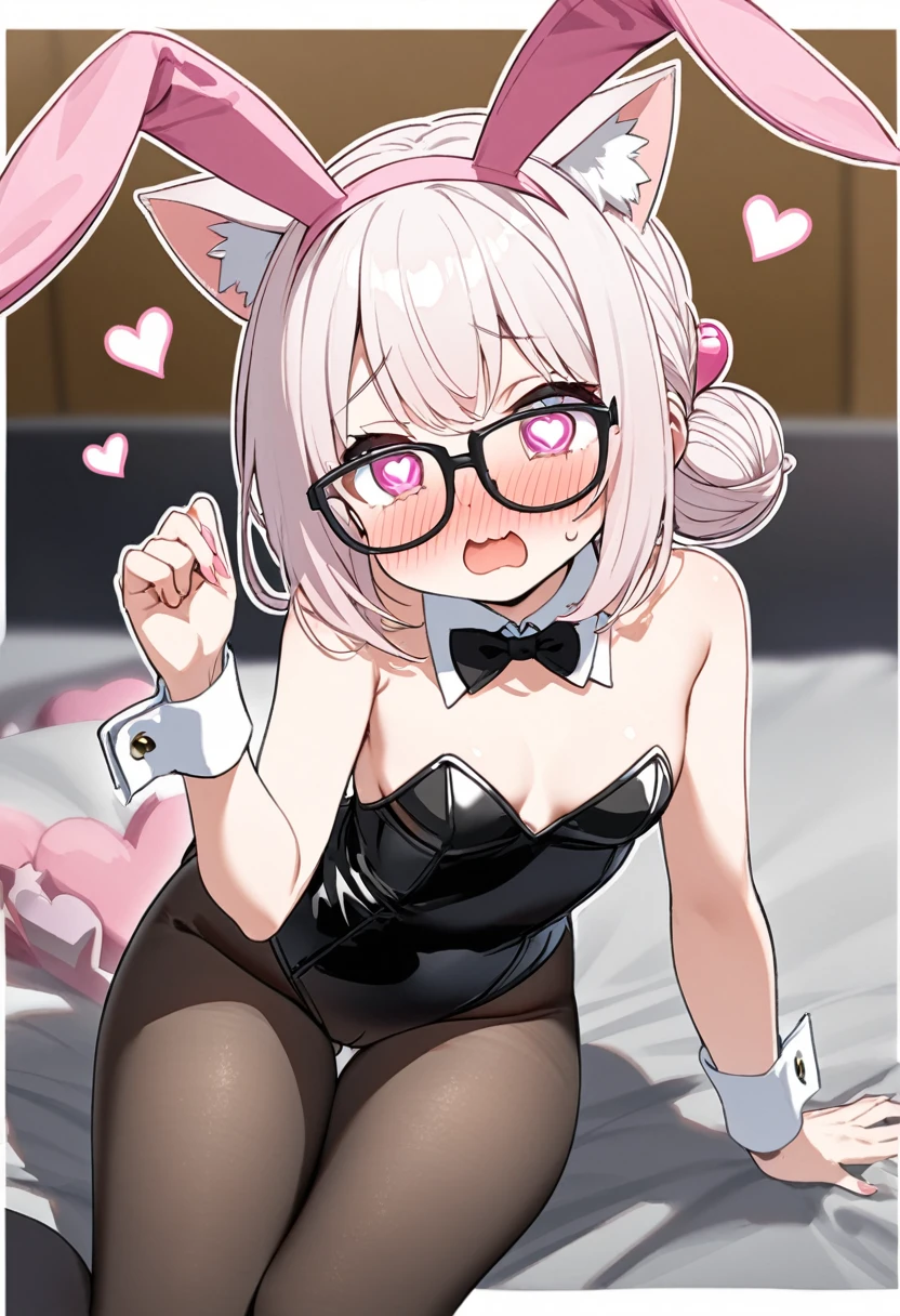 I have white pink hair, cat ears, a bun, my face is super blushing, black glasses, pink heart eyes, small breasts, a Playboy bunny suit that has a big butt, black stockings, a cat&#39;s tail, a very shy girl is this touching rear stand