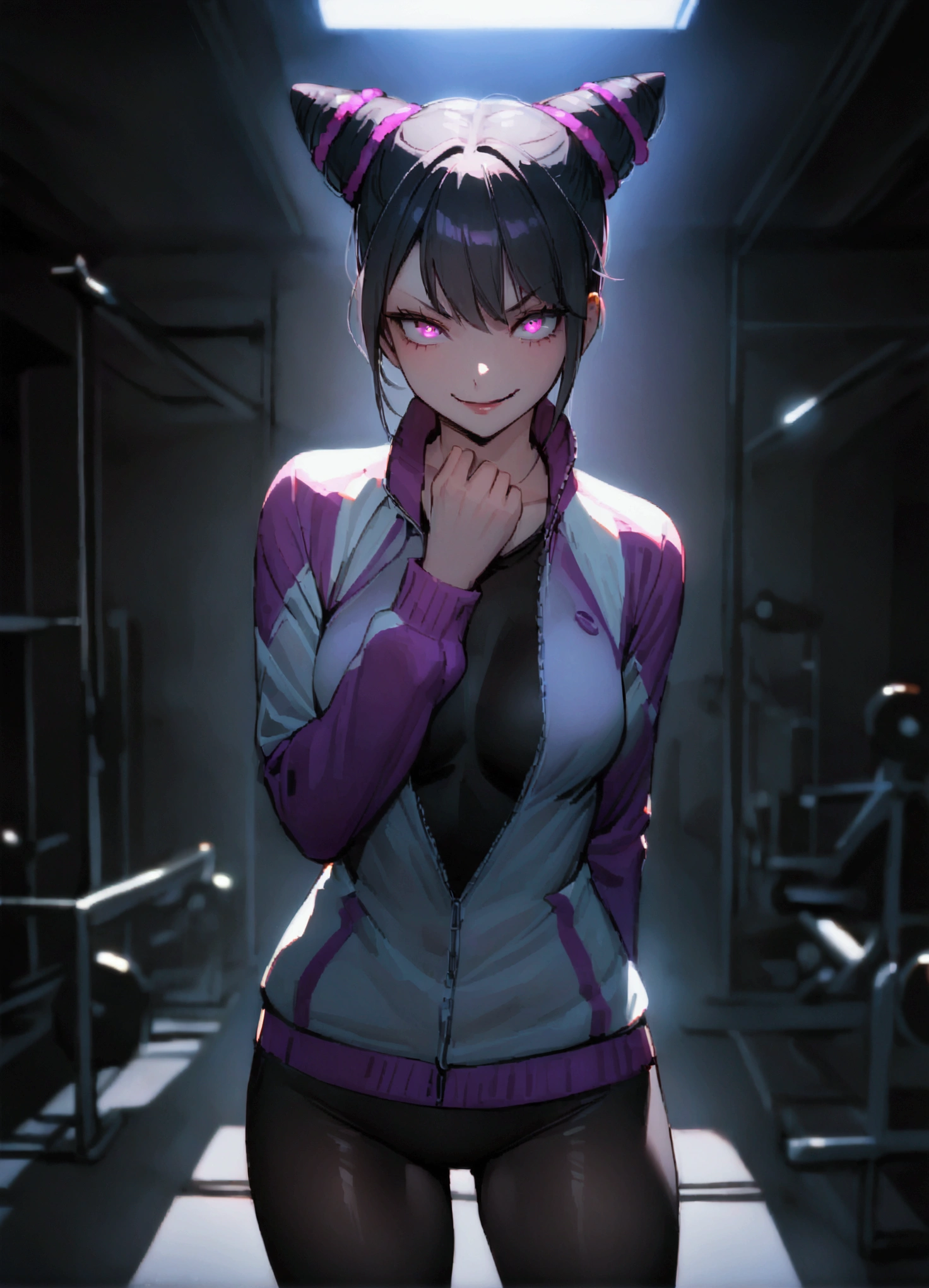 beautiful young fitness woman with , in a gym wearing May with black pantyhose, white and purple fitted gym jacket. standing alone,hair horns,bright purple eyes,Evil smile,legging preto