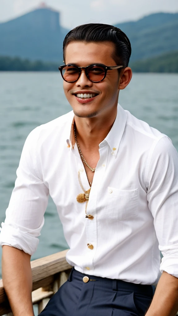 ((best quality)), ((masterpiece)), (detailed), 1man /malaysia. skinny. wear rayban glasses. presley hairstyle. retro style. at lake. big teeth. wear shirt.polkadot
