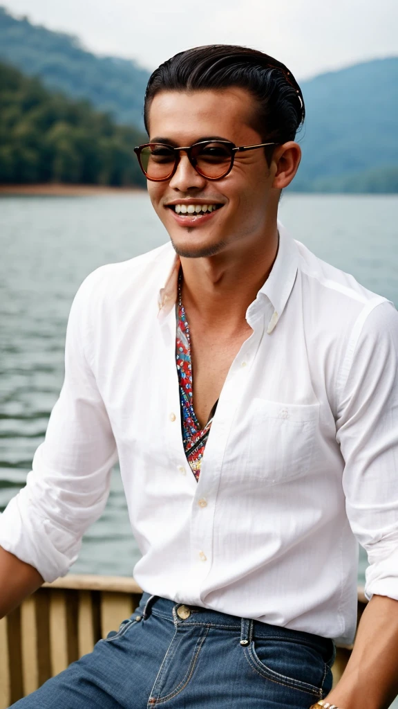 ((best quality)), ((masterpiece)), (detailed), 1man /malaysia. skinny. wear rayban glasses. presley hairstyle. retro style. at lake. big teeth. wear shirt.polkadot