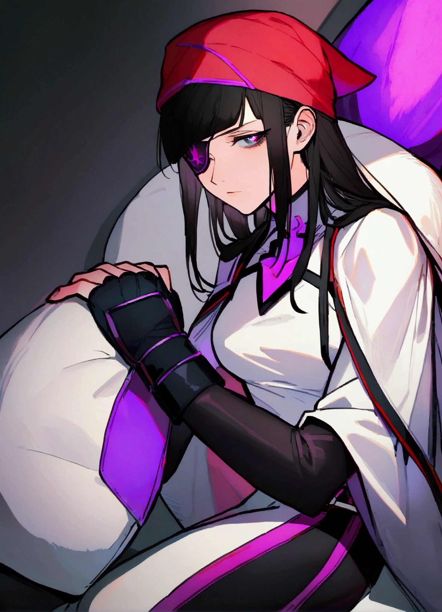 juri han,white short blouse,Red cap,black eye patch,glowing purple eye,sitting,white pillow on the back,long black socks,he would be,longye hair,mitts