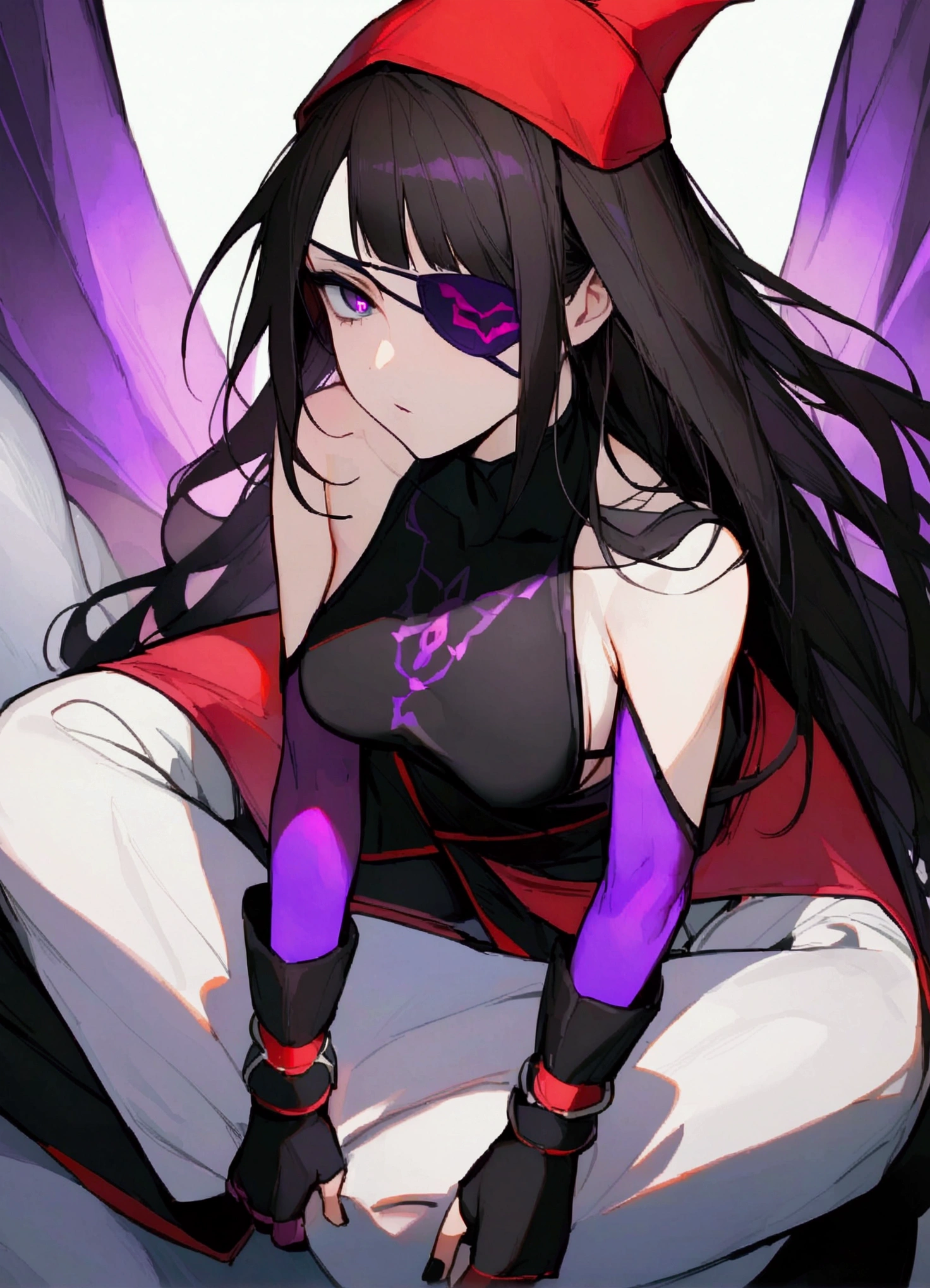 juri han,white short blouse,Red cap,black eye patch,glowing purple eye,sitting,white pillow on the back,long black socks,he would be,longye hair,mitts