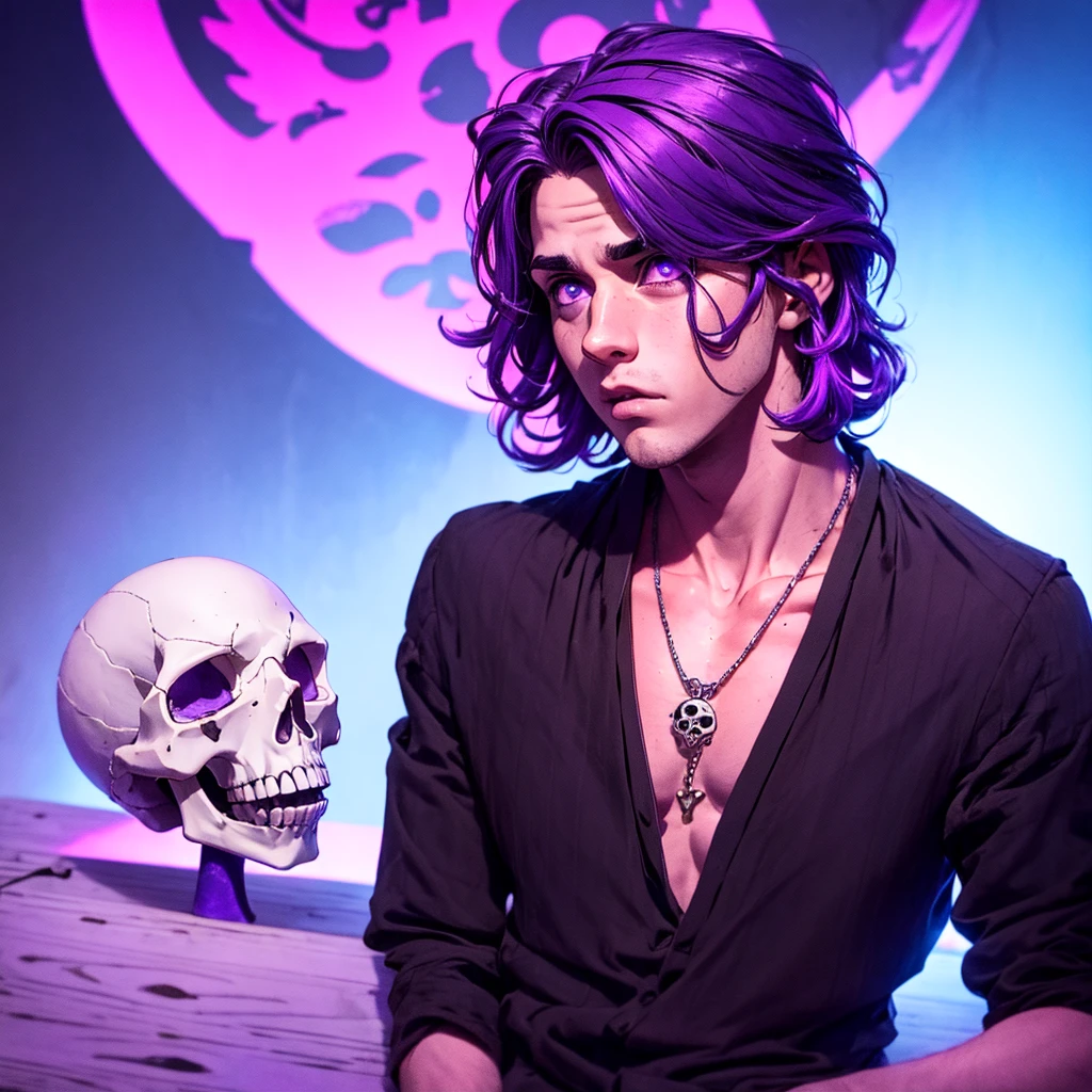 A young man with pink irises and purple irises, short wavy black hair with purple streaks, wears a normal blouse and has a necklace with a skull pendant 