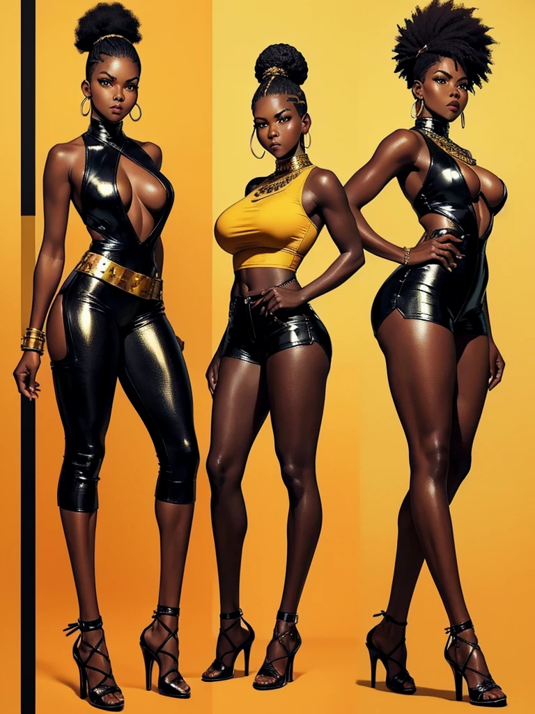 ((best quality)), ((4k)), ((highres)), ((masterpiece:1.2)). ((detailed)), ((ultra realistic)), ((intricate details)), ((full body picture)), ((character design sheet)), ((solo character)), a full body picture of a beautifull Ebony skinned female, black woman, dark skin, perfect face, detailed eyes, detailed lips, about 25 years old, about 5'5 ft. tall, punk black woman, punk style, afro-punk, afro-punk hair style, side shaved hair ((emphasis on her side shaved hair)), side-shaved afro hair style, ((emphasis on her side-shaved afro hair style)), muscular body, hourglass body type, thick and muscular, dressed in a golden top ((emphasis on her gold tank top)), and black leather pants, high heels, fighting game character concept art, tekken character design, the king of fighters character concept, full bofy, full body concept art, full body art