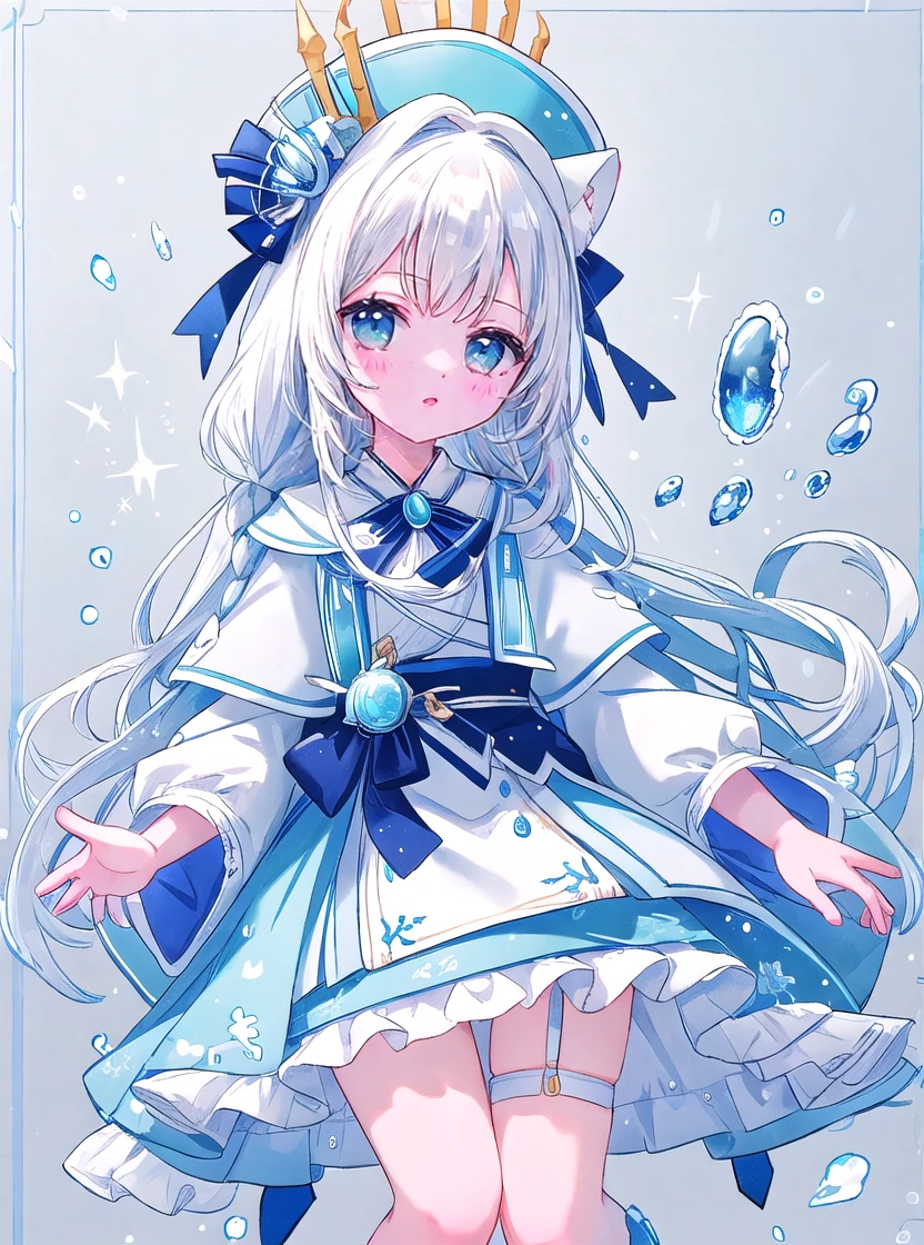 Exhibition illustration,Very detailed,Masterpieces,(high resolution:1.2,)One girl,Detailed eyes,Baby Face,Lori:1.2,Animal ears,long,Braid,Ice decoration,Aristocratic hat,Light blue clothes,Sapphire brooch:1.2,White Cape:1.3,mini skirt,Snow Embroidery,Large accessories:1.2,White knee-high socks,garter belt,Thigh,Japanese style,magic,magic陣