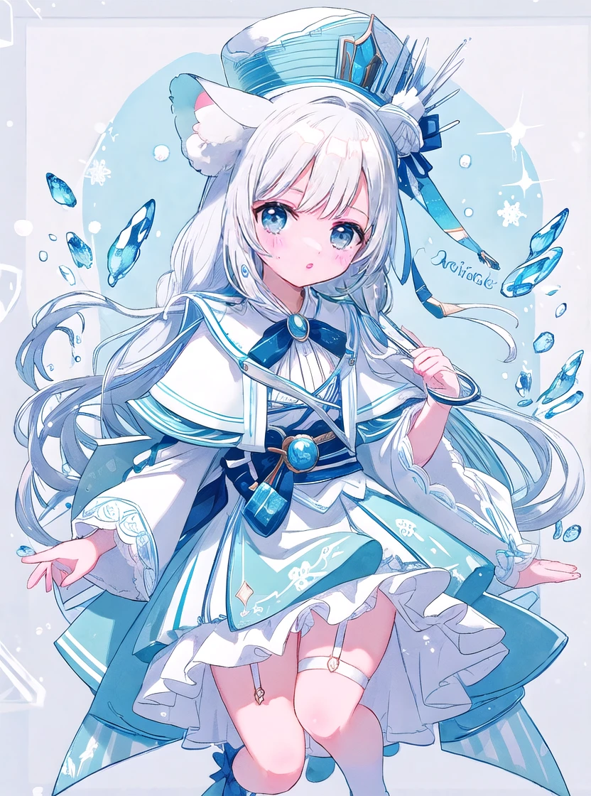 Exhibition illustration,Very detailed,Masterpieces,(high resolution:1.2,)One girl,Detailed eyes,Baby Face,Lori:1.2,Animal ears,long,Braid,Ice decoration,Aristocratic hat,Light blue clothes,Sapphire brooch:1.2,White Cape:1.3,mini skirt,Snow Embroidery,Large accessories:1.2,White knee-high socks,garter belt,Thigh,Japanese style,magic,magic陣