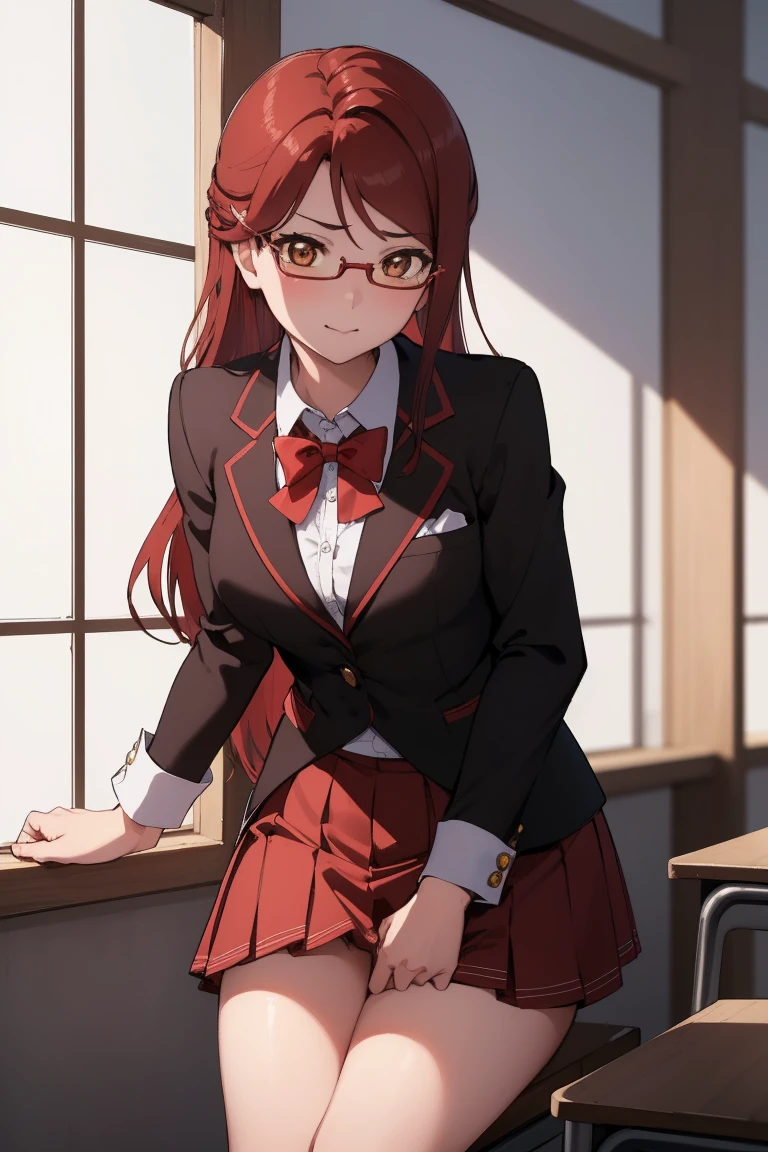 Rikosakurauchi, Riko Sakurauchi, (Brown eyes:1.5), hair between the eyes, by the wide, (Red hair:1.5), (Little mom:1.2), 
BREAK glasses, high advanced breeding , jacket de sport, red jacket de sport, bow, bowtie, collar shirt, jacket, long sleeves, pleated skirt, (((lifting her skirt, showing pussy, no panties))), sad smile rest looking at viewer, sitting,(from below:1.2), (Leaning forward:1.2), ((open legs: 1.4))
break inside, classroom, 
BREAK (masterpiece:1.2), Best Quality, High resolution, unity wallpaper 8k, NSFW,(illustration:0.8), (beautiful detailed eyes:1.6), extremely detailed face, perfect lighting, Extremely detailed CG, (perfect hands, perfect anatomy),