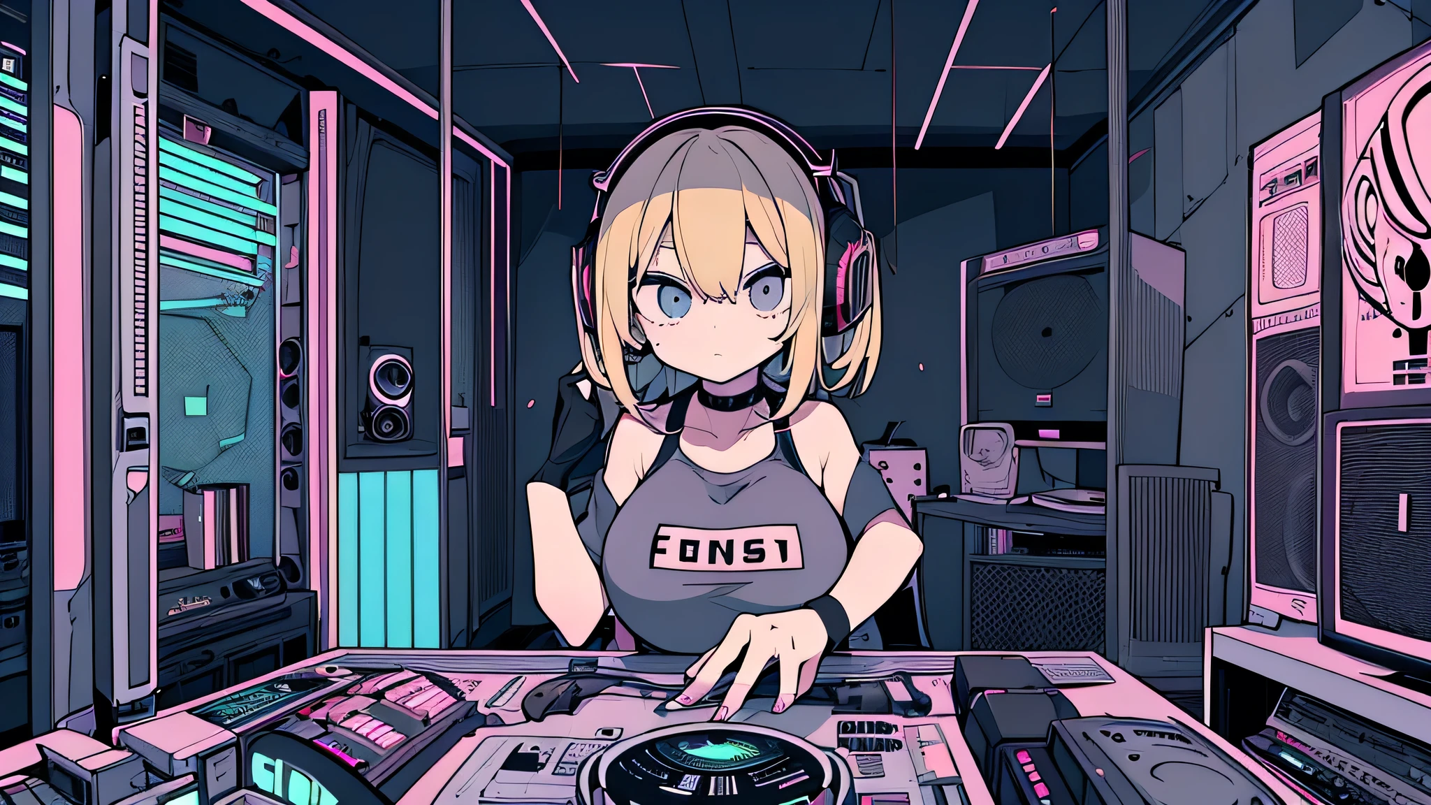 Best quality, (masterpiece), best detail face,1 girl, natural breasts, 18 yo, 8k,absurdres,unity 8k wall paper,(extremely detailed:1.3), highest realistic, (retro headphones:), (soft neon light:), (psychedelic), Her room full of music equipment and records, sports wear , See the whole room , dark grey color pallet, blonde hair
