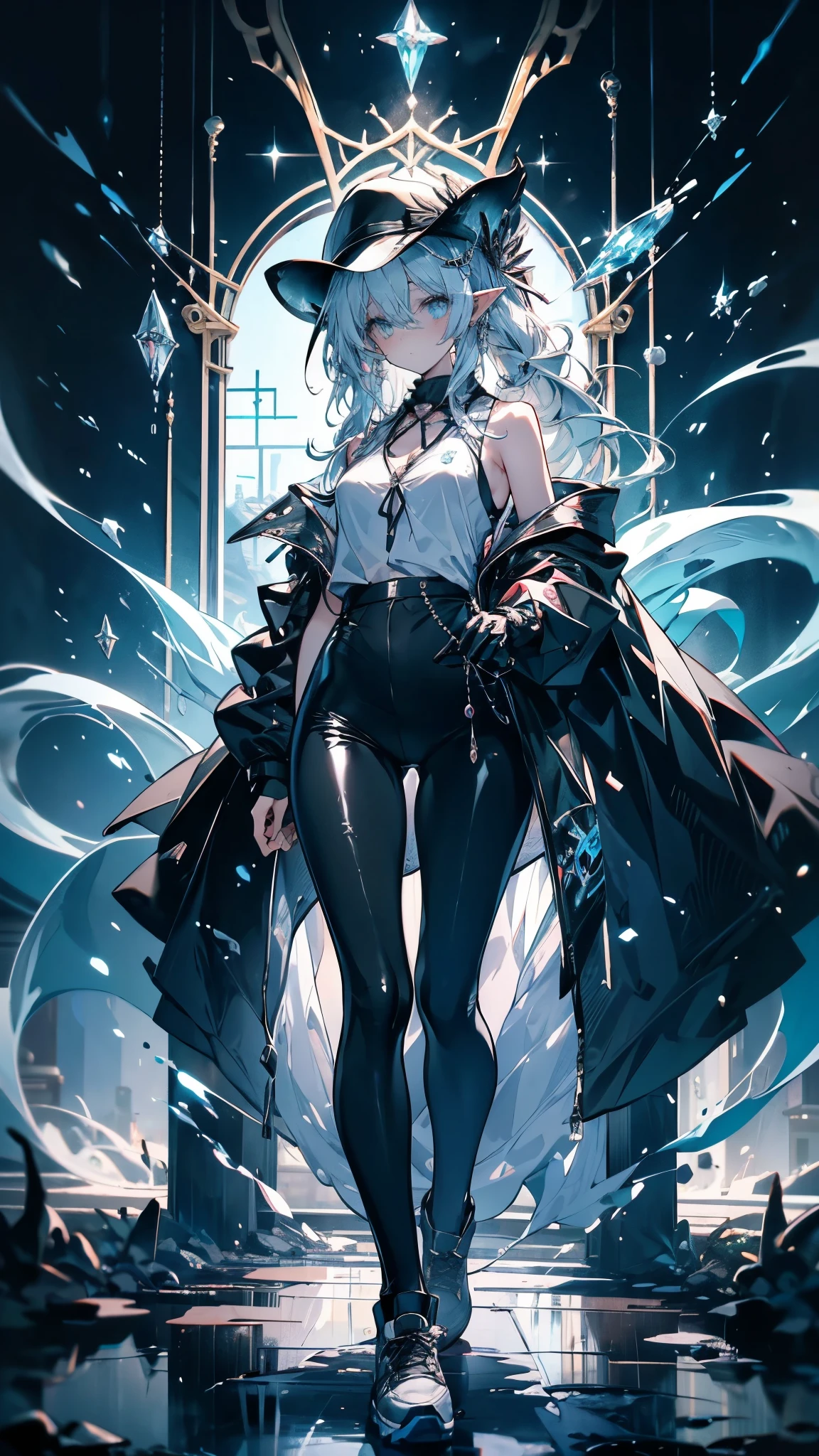 girl，Diamond Dragon Horn，Crystalline hair，Hands made of opal，Mirror-like windbreaker，Milky white dragon tail，madman，Crystal Dragon，Elf ears，Sanhua，alchemy，Sea Monster，Holy See，Chiquita， Huge breast cleavage，Poor milk quality，，白发红Eye，Smooth skin，，As weak as a kitten，Beautifully， 很cute，Beautiful，morbid，cute，Weak，chaste，childish，Small and beautiful，The Wind of the Future，change，White headphones，Equipped with white unknown instrument，Dark blue lines extending to the hands and neck，Black sneakers，Black leggings，Black Gloves，Leg ring，Ribbon，Grey shirt，A black trench coat，Black cowboy hat，abyss，There are unknown monsters around，Bone，Tentacles，Eye，shell，Fluorescence，Middle School and Primary School，Deep Sea Hunter，The bloody scene