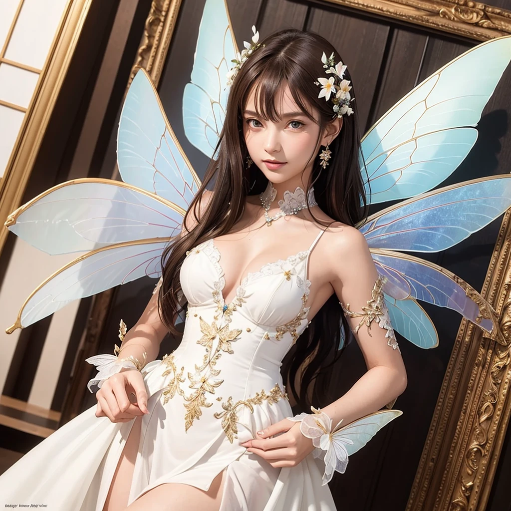Masterpiece, highest quality, (((masterpiece))), (((highest grade))), ((extra fine)), (illustration), ((extremely delicate and beautiful)), dynamic angle, floating, (fairy Wings: 1.4), (beautiful detailed eyes), (detailed light), (1 girl), medium bust, medium long hair, dark brown sparkling eyes, dark brown hair, bodycon dress, natural, (sunlight), (painting), (sketch), (flower), slight smile, pastel colors, complete anatomy, upper body, highly detailed beautiful face,