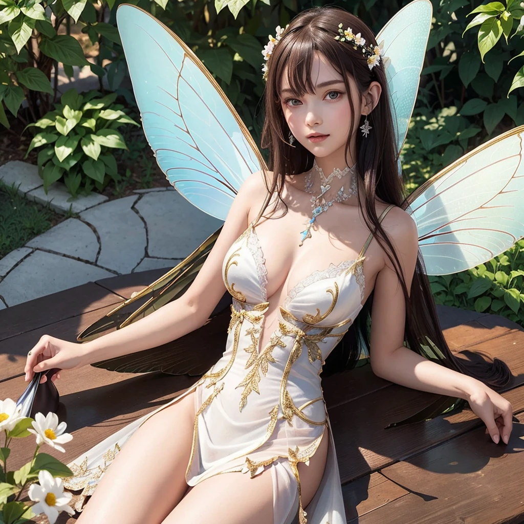Masterpiece, highest quality, (((masterpiece))), (((highest grade))), ((extra fine)), (illustration), ((extremely delicate and beautiful)), dynamic angle, floating, (fairy Wings: 1.4), (beautiful detailed eyes), (detailed light), (1 girl), medium bust, medium long hair, dark brown sparkling eyes, dark brown hair, bodycon dress, natural, (sunlight), (painting), (sketch), (flower), slight smile, pastel colors, complete anatomy, upper body, highly detailed beautiful face,